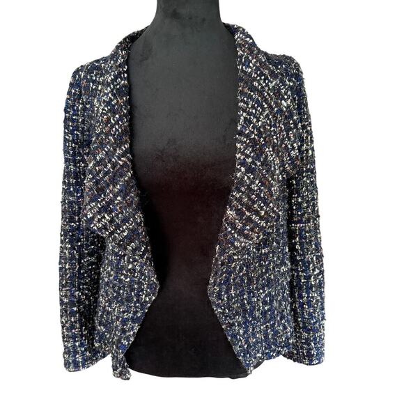 Women’s M Maison 123 Paris Tweed Cropped Zip Jacket Black Blue Metallic - Picture 1 of 6